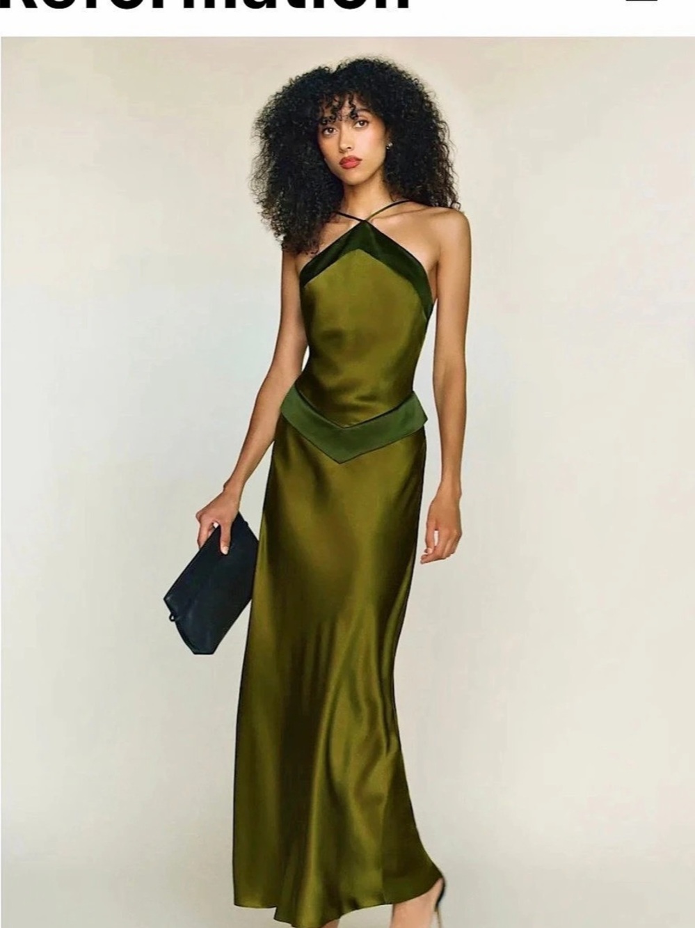 Reformation Jillian Silk Dress Olive Green Halter Maxi - Size 0